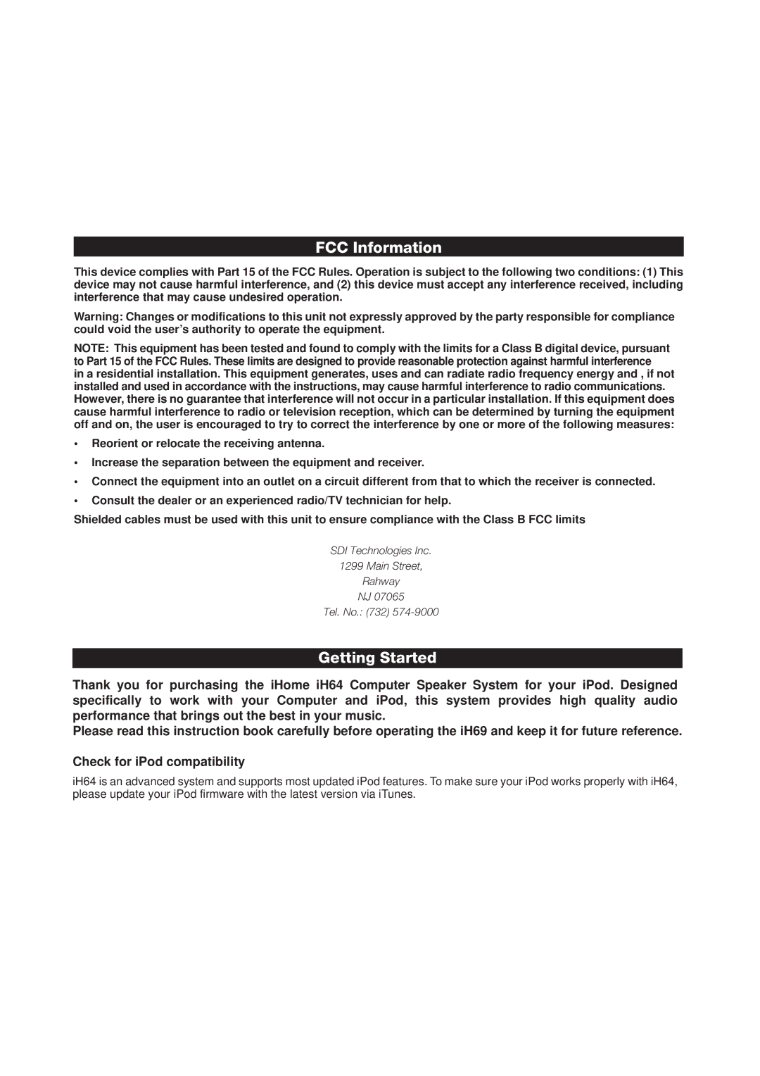 iHome iH64 manual FCC Information, Getting Started 