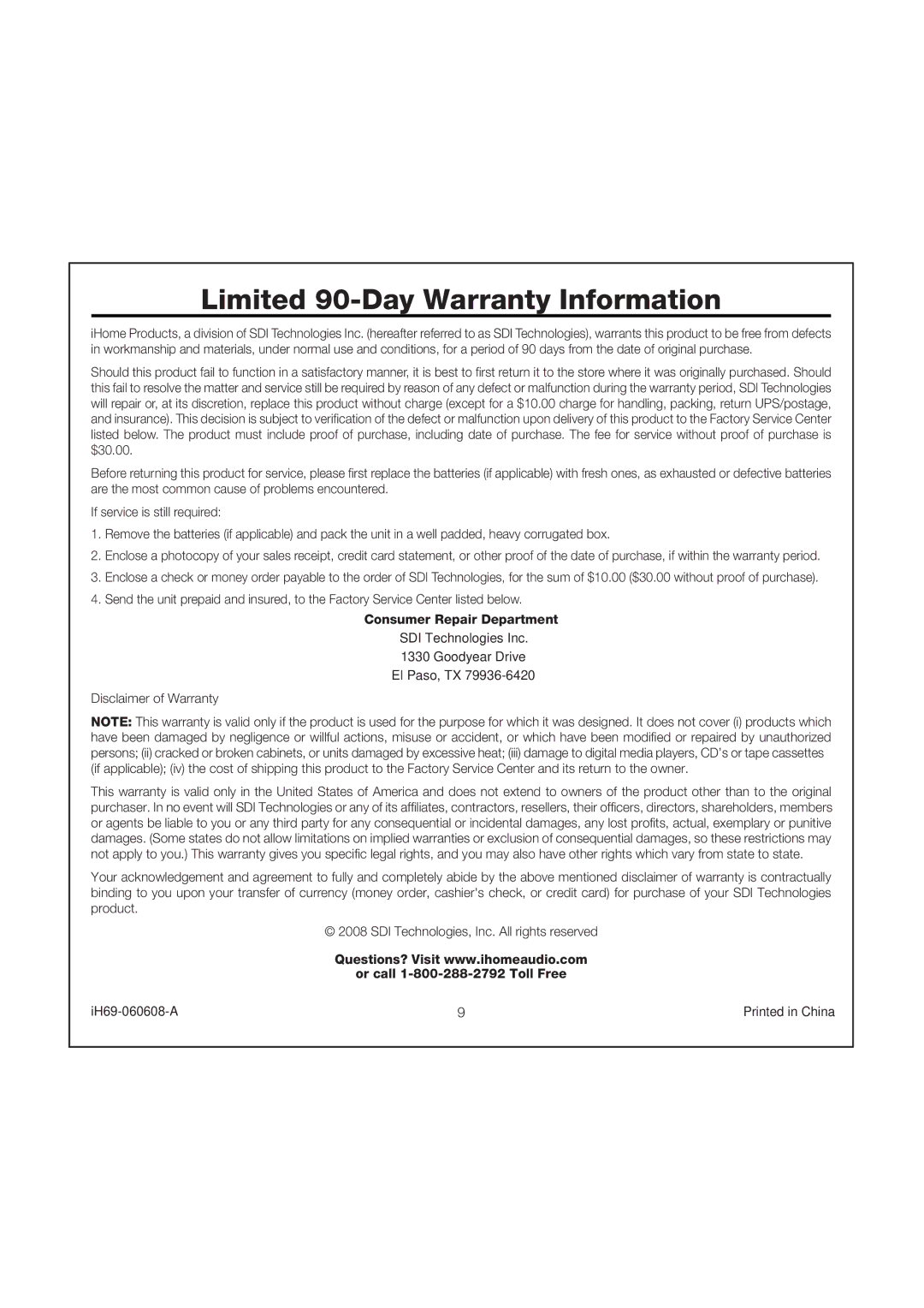 iHome iH69 manual Limited 90-Day Warranty Information 