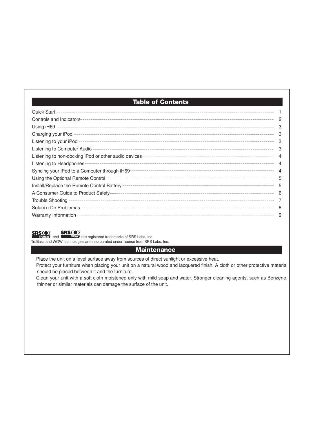 iHome iH69 manual Table of Contents, Maintenance 