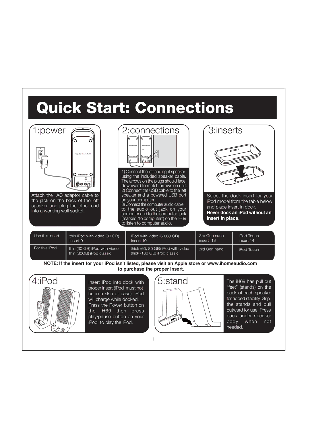 iHome iH69 manual Quick Start Connections 