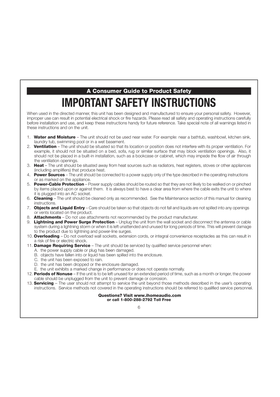 iHome iH69 manual Consumer Guide to Product Safety 