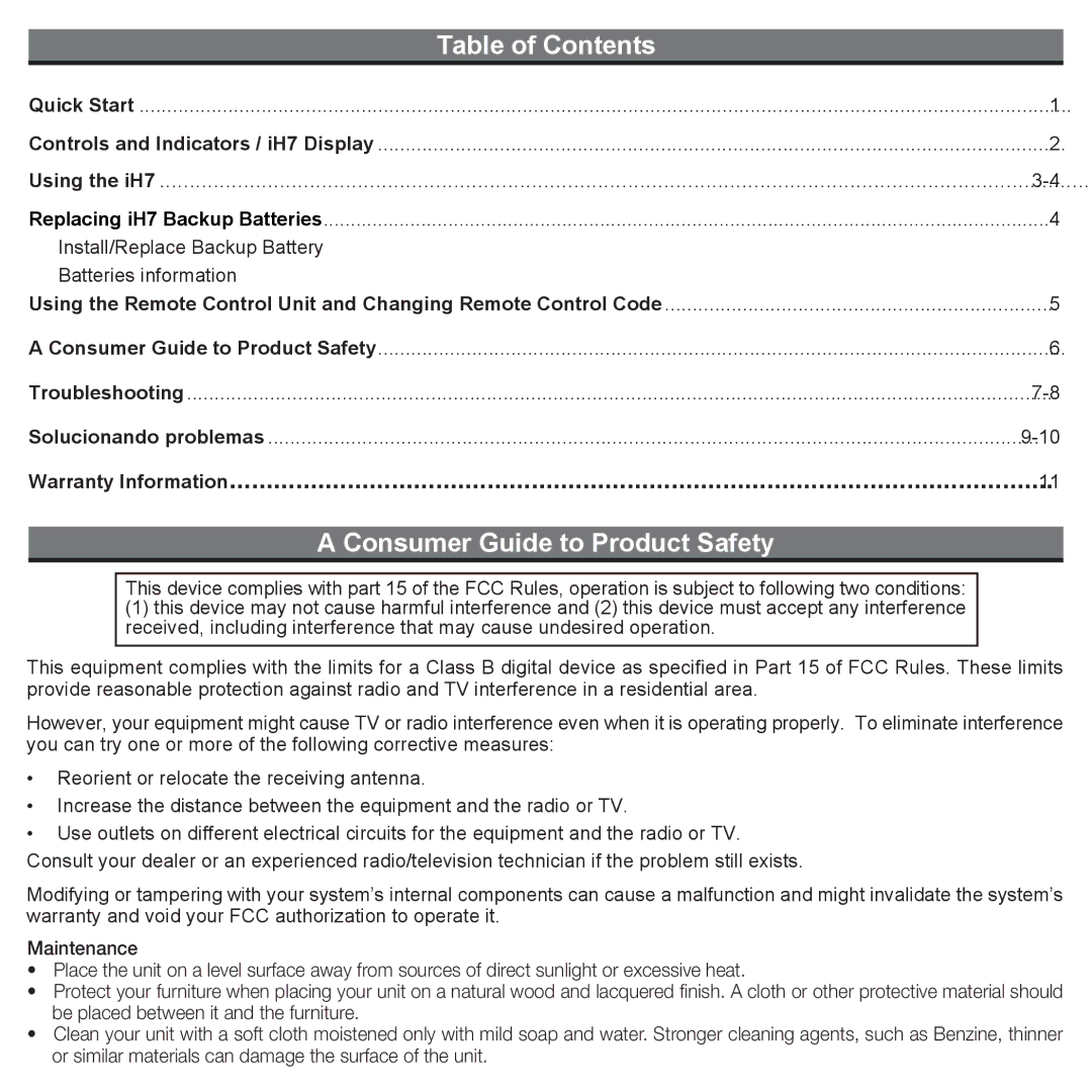 iHome iH7 manual Table of Contents, Consumer Guide to Product Safety 