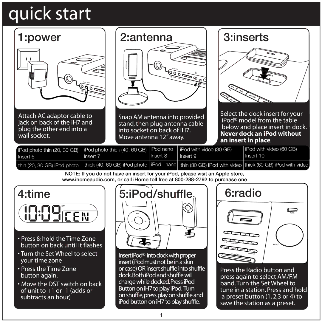 iHome iH7 manual 4time 5iPod/shuffle 6radio 