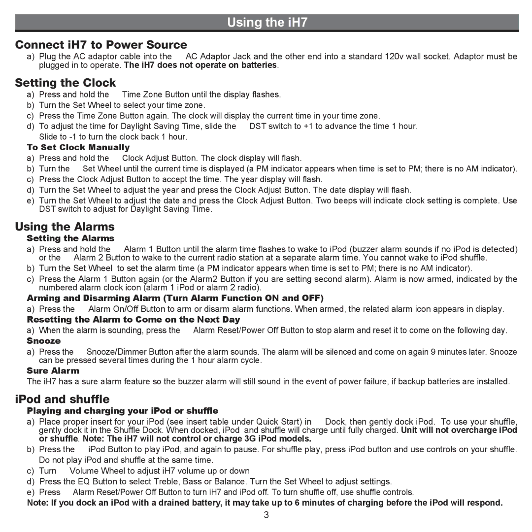 iHome manual Using the iH7, Connect iH7 to Power Source 