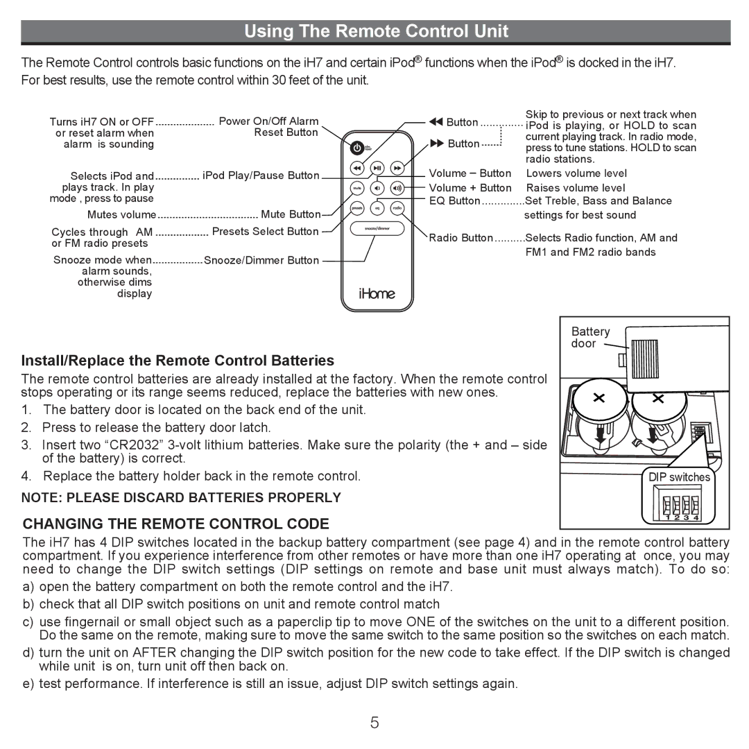 iHome iH7 manual Using The Remote Control Unit, Battery, Door 