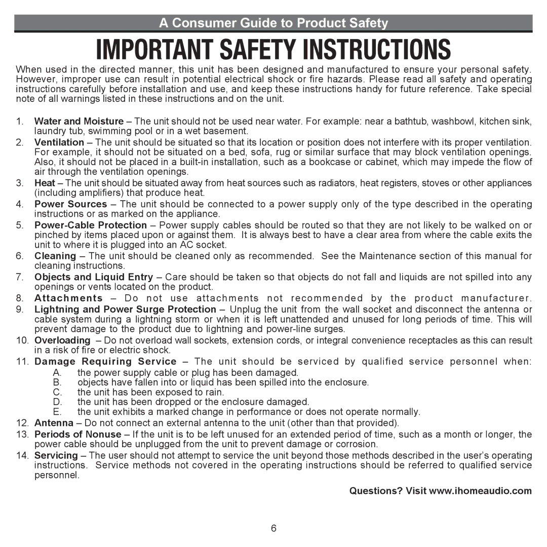 iHome iH7 manual Consumer Guide to Product Safety 