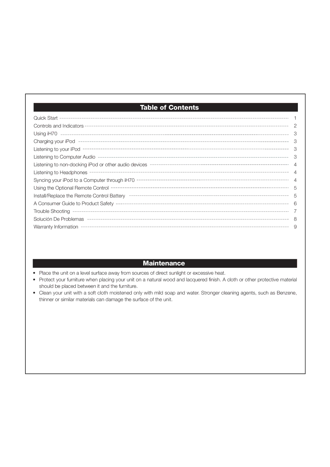 iHome iH70 manual Table of Contents, Maintenance 