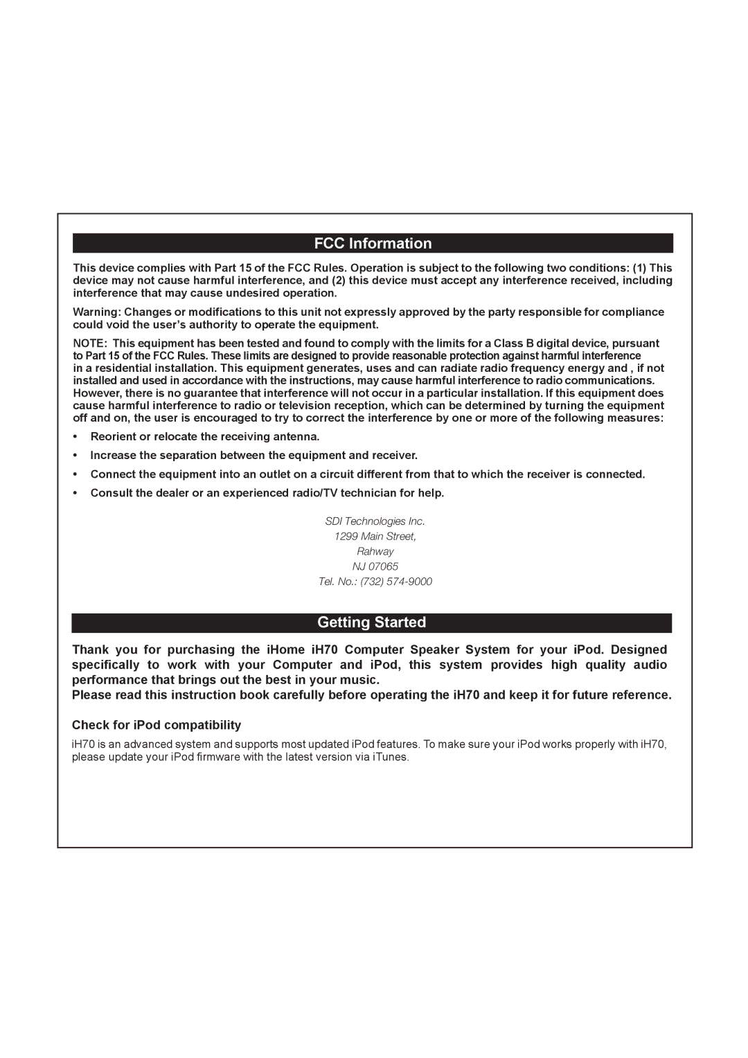 iHome iH70 manual FCC Information, Getting Started 