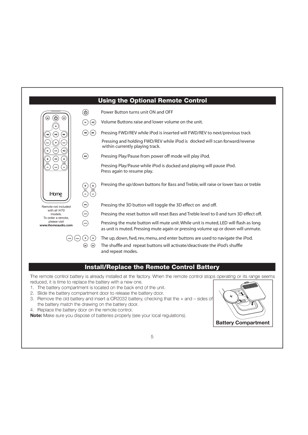 iHome iH70 manual Using the Optional Remote Control, Install/Replace the Remote Control Battery 