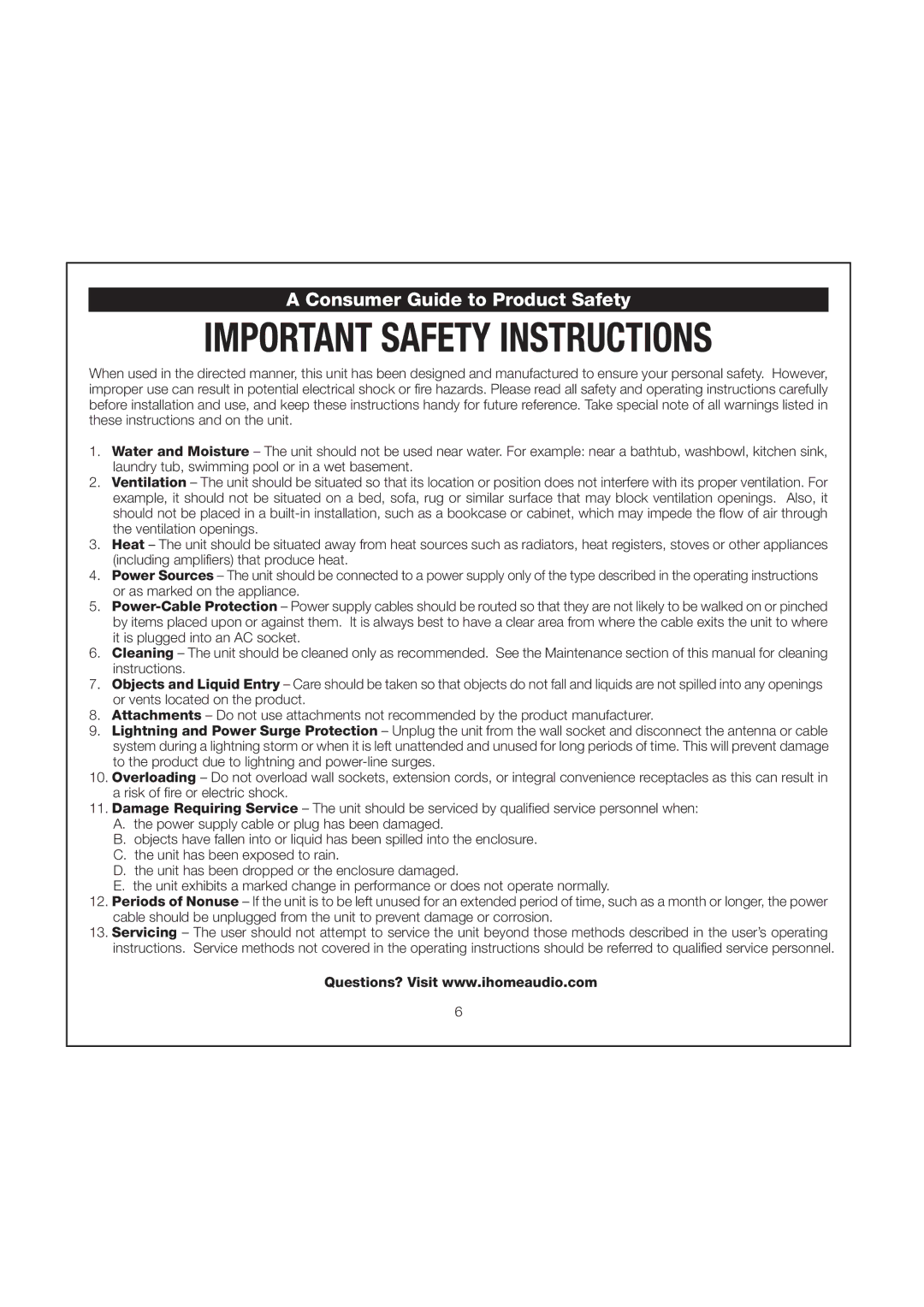 iHome iH70 manual Consumer Guide to Product Safety 