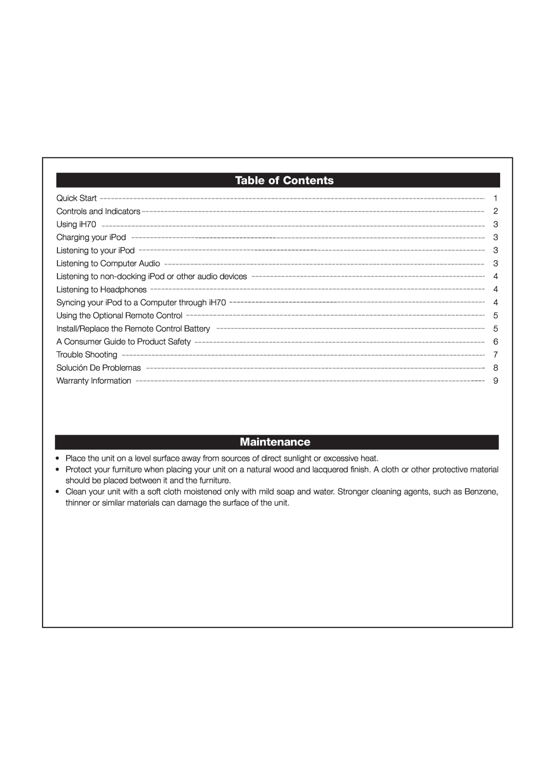 iHome iH70 manual Table of Contents, Maintenance 