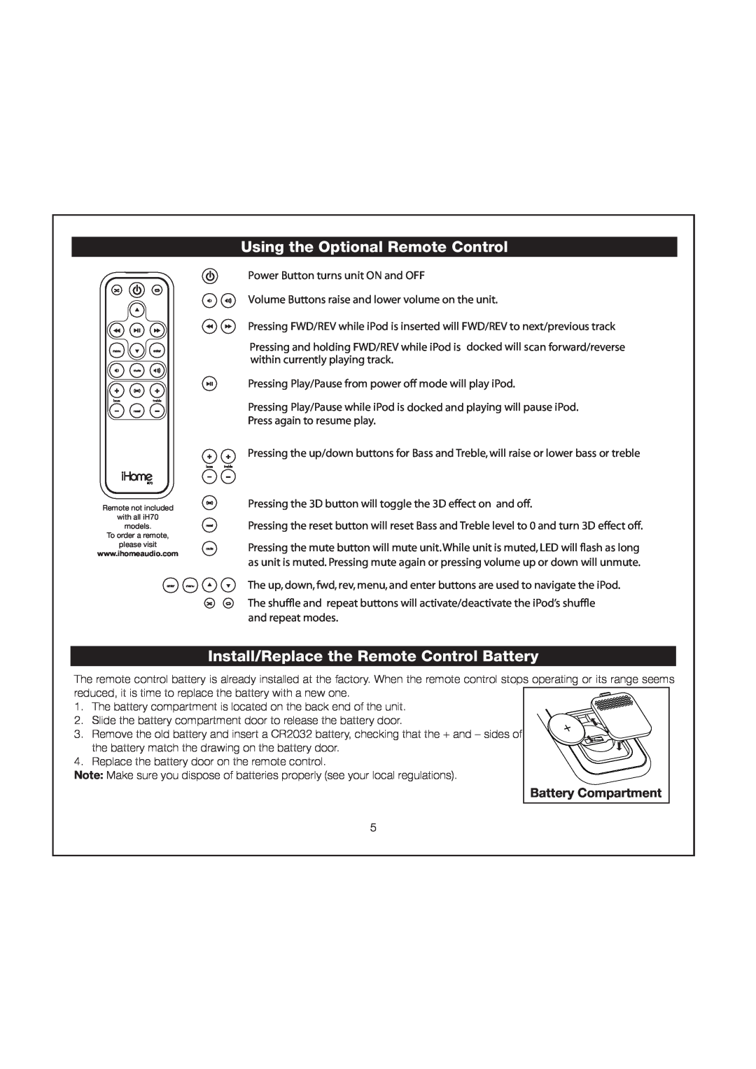 iHome iH70 manual Using the Optional Remote Control, Install/Replace the Remote Control Battery, Battery Compartment 