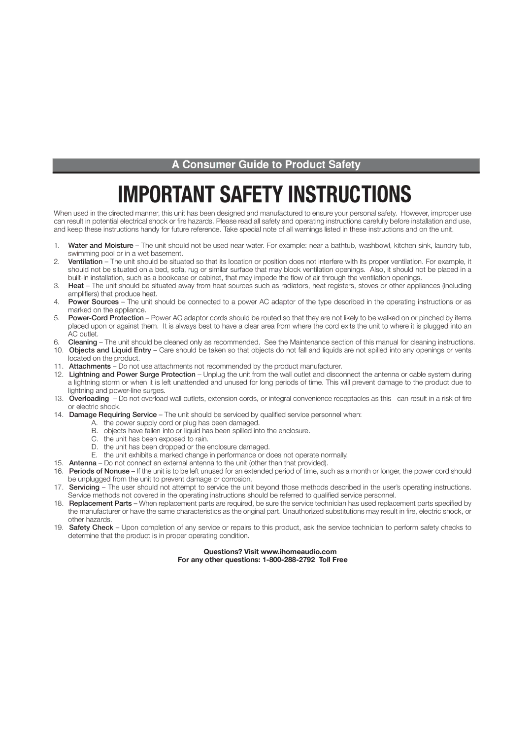 iHome iH80 manual Consumer Guide to Product Safety 