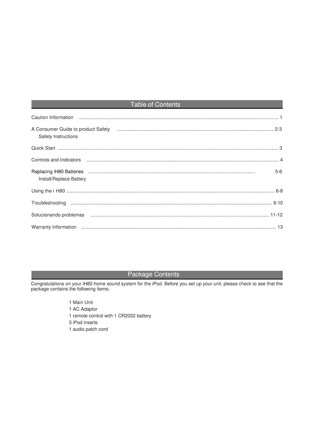 iHome iH80 manual Table of Contents, Package Contents 