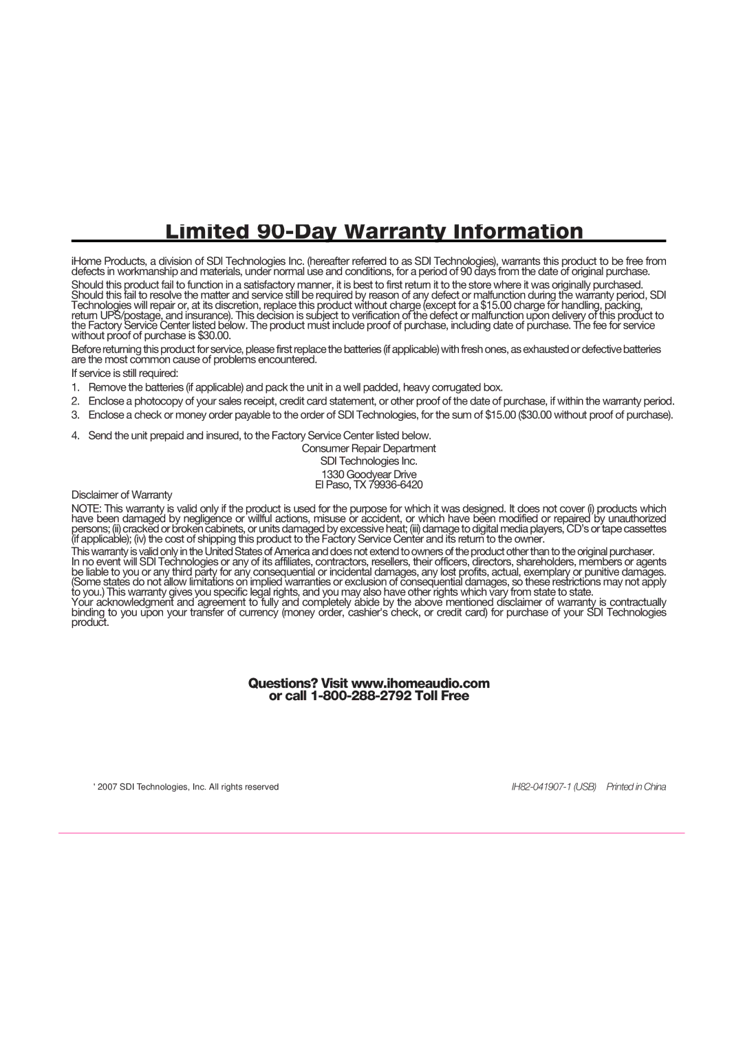 iHome iH82 manual Limited 90-Day Warranty Information, Or call 1-800-288-2792 Toll Free 