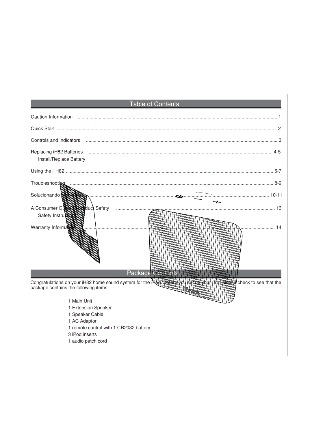 iHome iH82 manual Table of Contents, Package Contents 