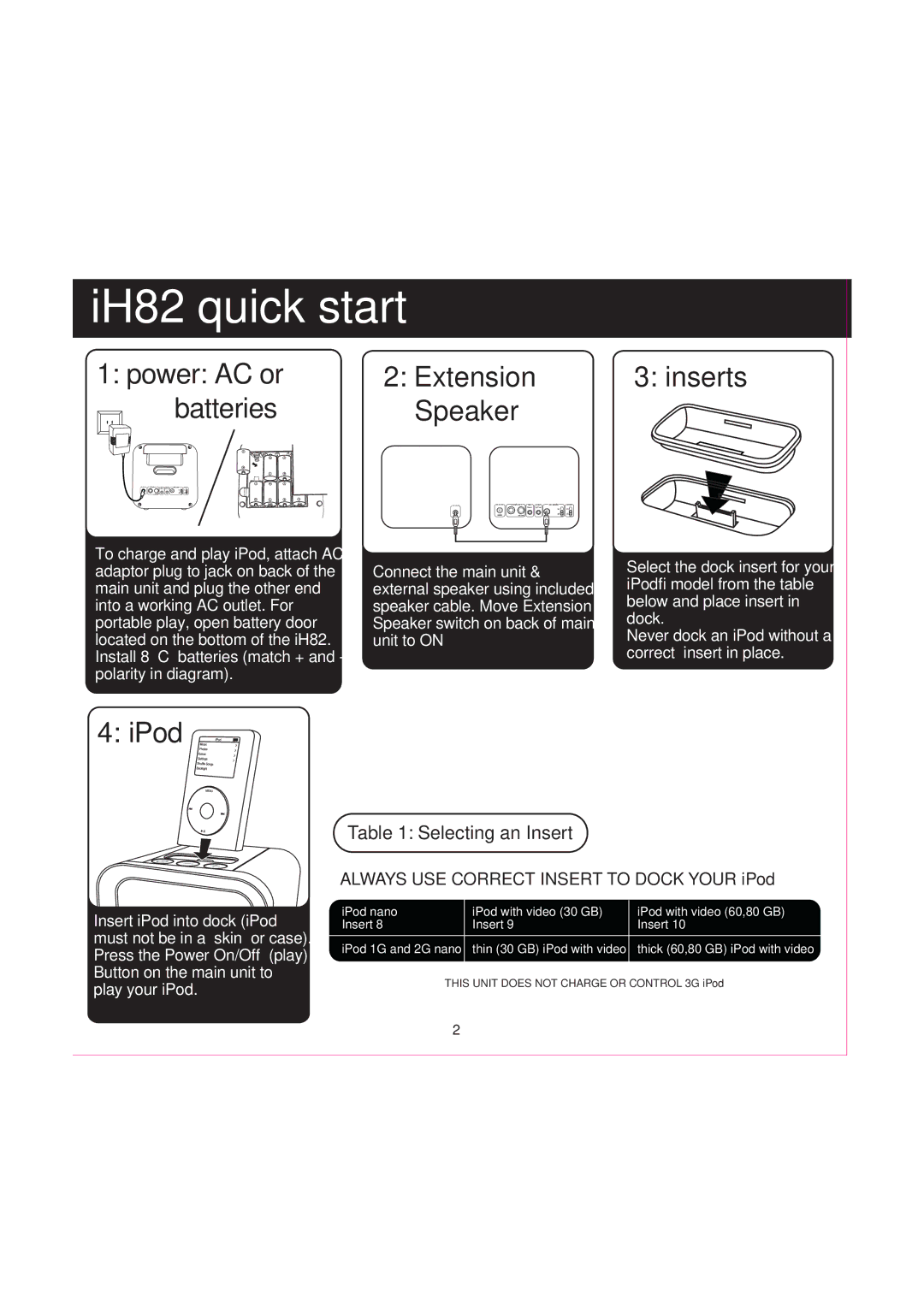 iHome iH82 manual IH82 quick start, Always USE Correct Insert to Dock Your iPod 