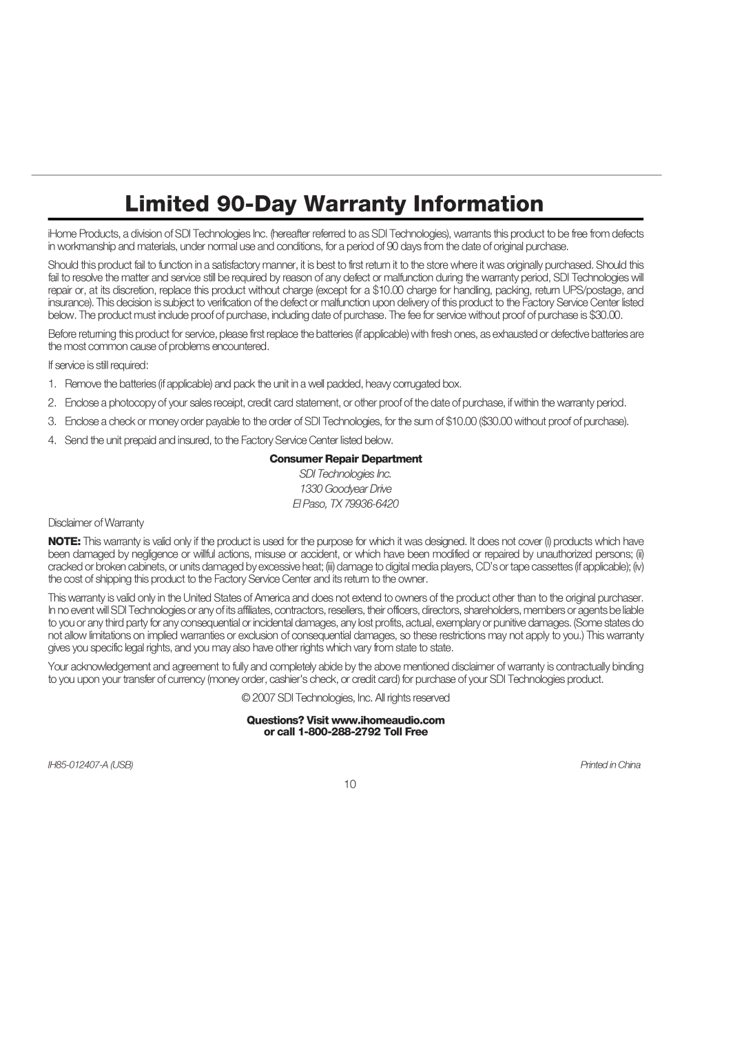 iHome iH85 manual Limited 90-Day Warranty Information 