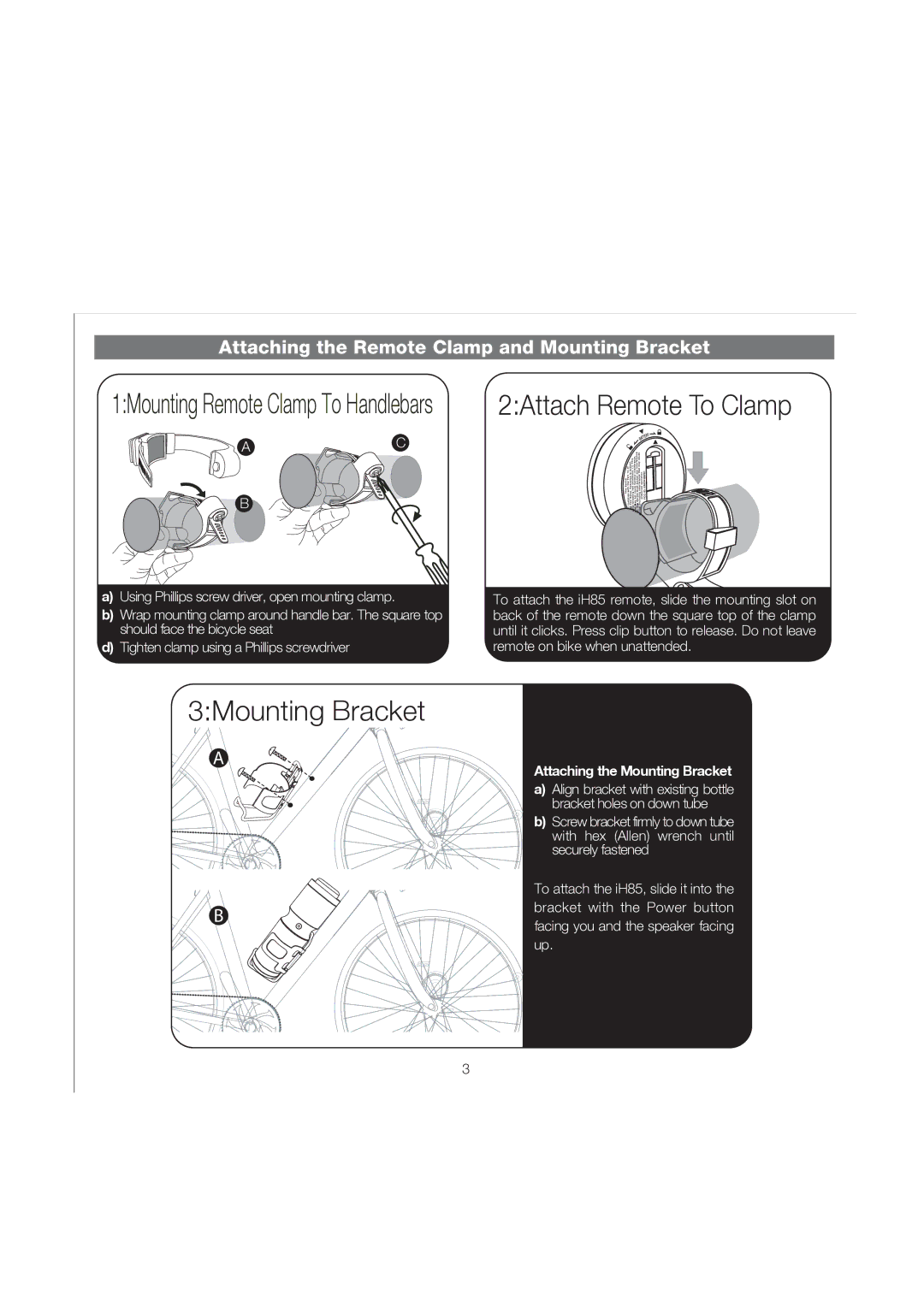 iHome iH85 manual 1Mounting Remote Clamp To Handlebars, Attaching the Remote Clamp and Mounting Bracket 