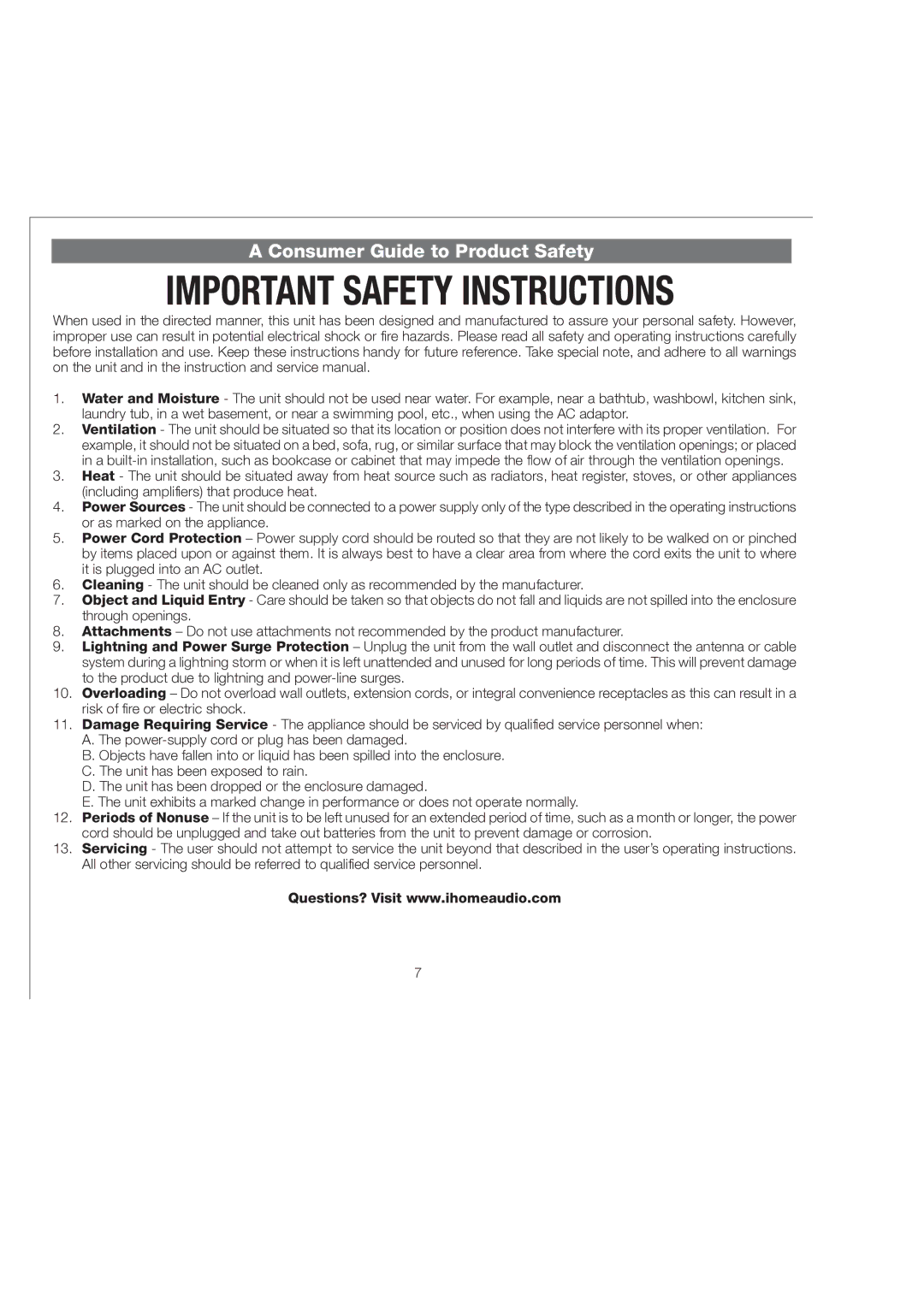 iHome iH85 manual Consumer Guide to Product Safety 