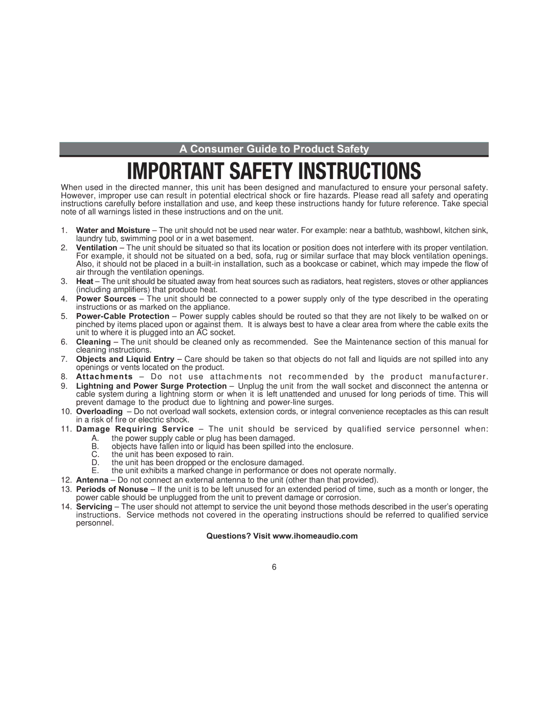 iHome iH9 manual Consumer Guide to Product Safety 