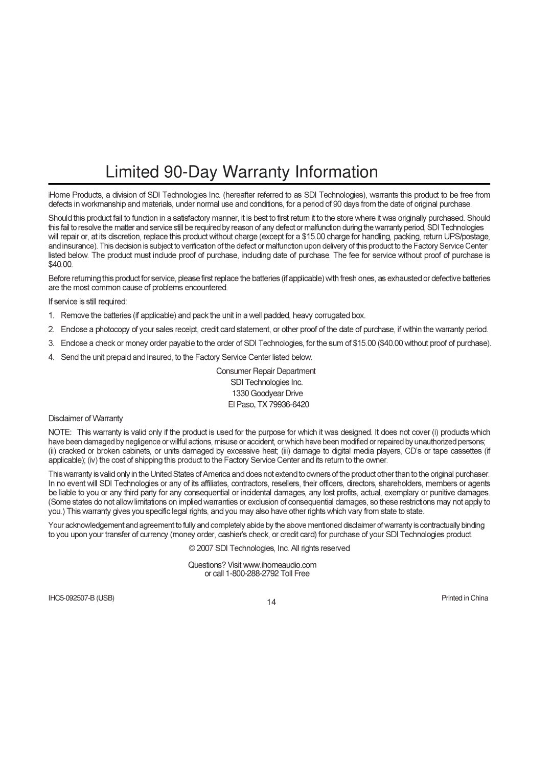 iHome iHC5 manual Limited 90-Day Warranty Information 