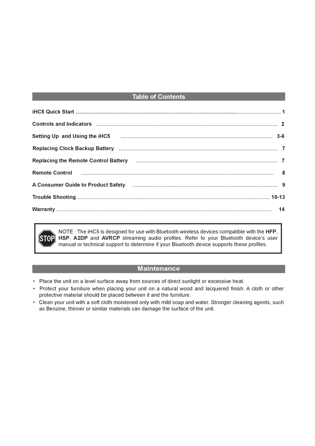 iHome iHC5 manual Table of Contents, Maintenance 