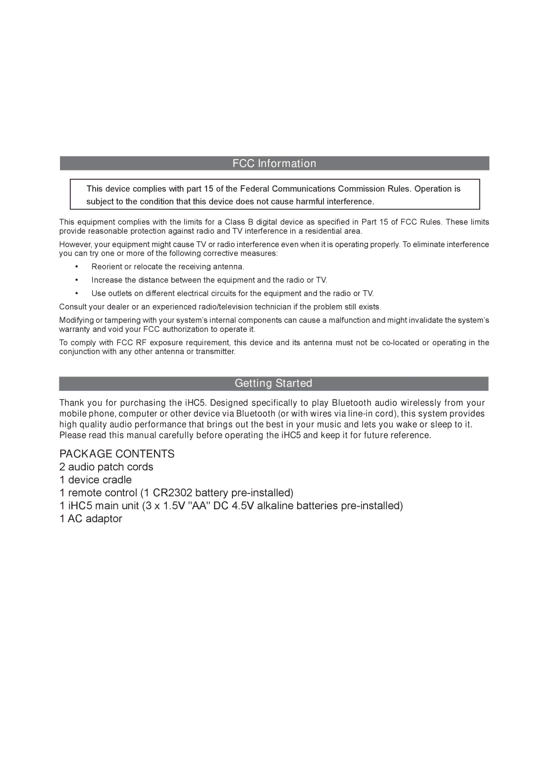 iHome iHC5 manual FCC Information, Getting Started 