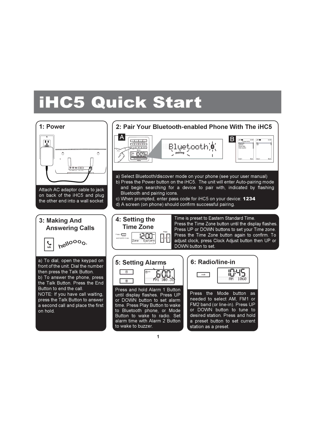 iHome manual Power Pair Your Bluetooth-enabled Phone With The iHC5, Making And Answering Calls Setting the Time Zone 