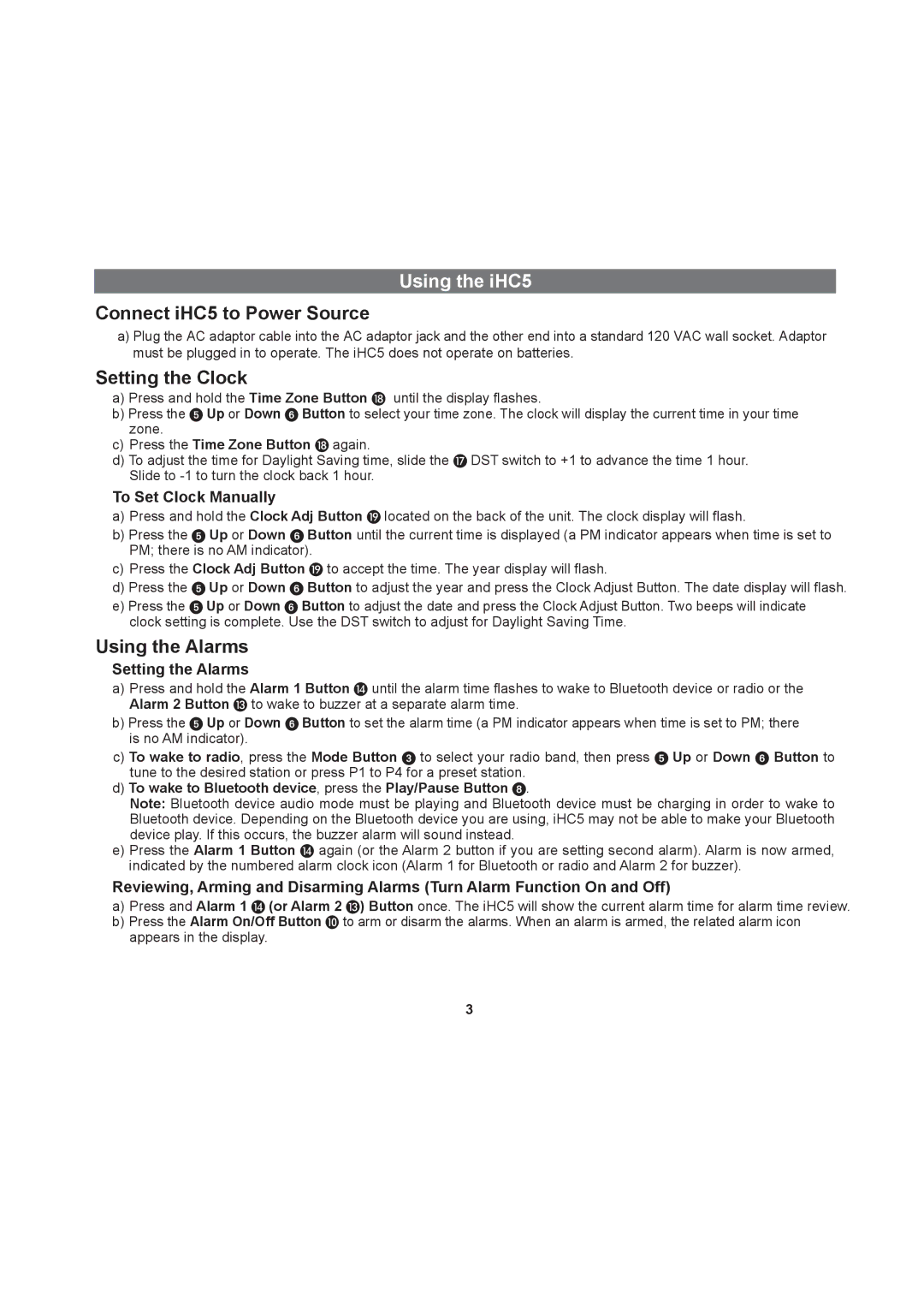 iHome manual Using the iHC5, Connect iHC5 to Power Source, Setting the Clock, Using the Alarms 