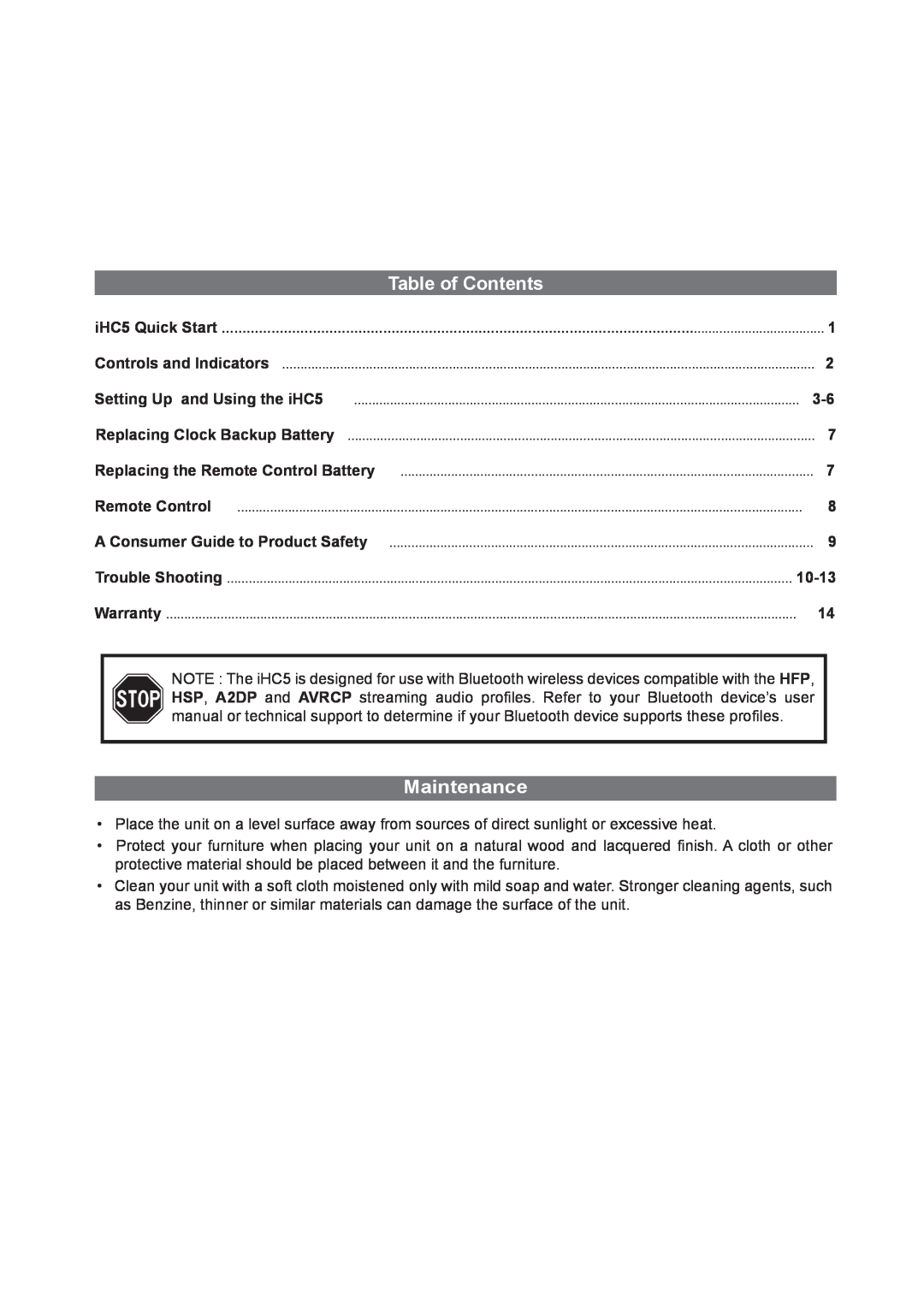 iHome iHC5 manual Table of Contents, Maintenance 