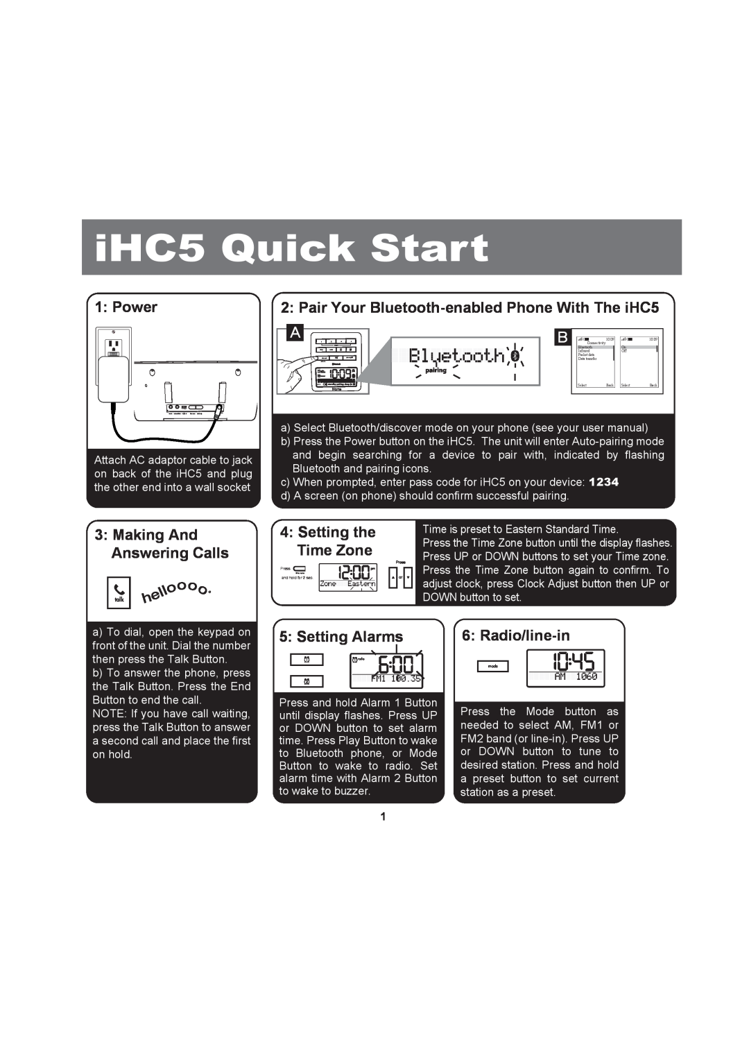 iHome manual Power, Pair Your Bluetooth-enabledPhone With The iHC5, Making And Answering Calls, Setting the Time Zone 