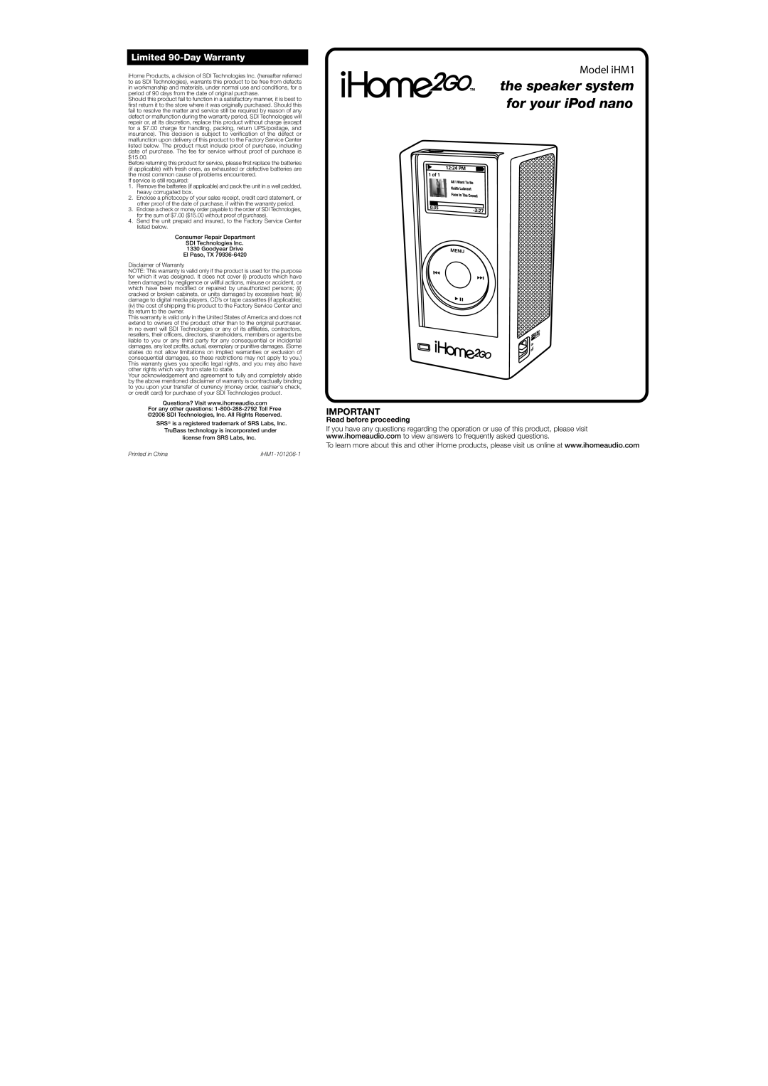 iHome iHM1 warranty Limited 90-Day Warranty, Read before proceeding 