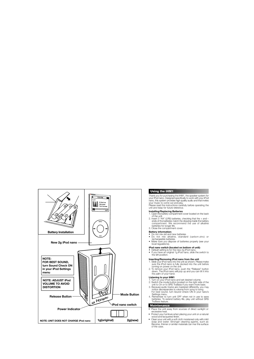 iHome warranty Using the iHM1, Maintenance 