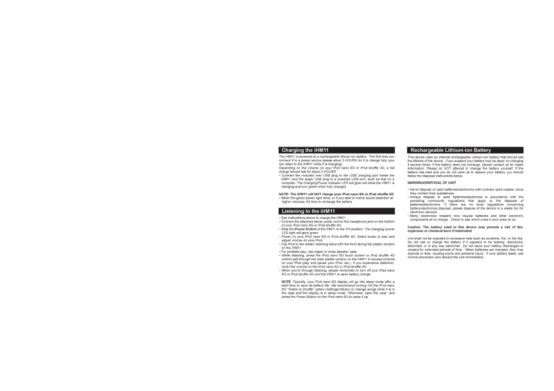 iHome IHM11 warranty Charging the iHM11, Listening to the iHM11, Rechargeable Lithium-ion Battery 