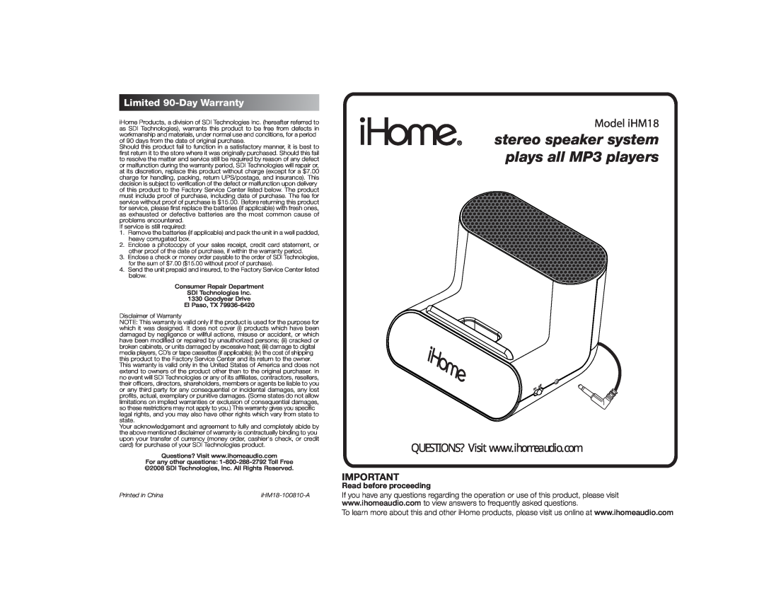 iHome IHM18 warranty Read before proceeding, stereo speaker system plays all MP3 players, Model iHM18 