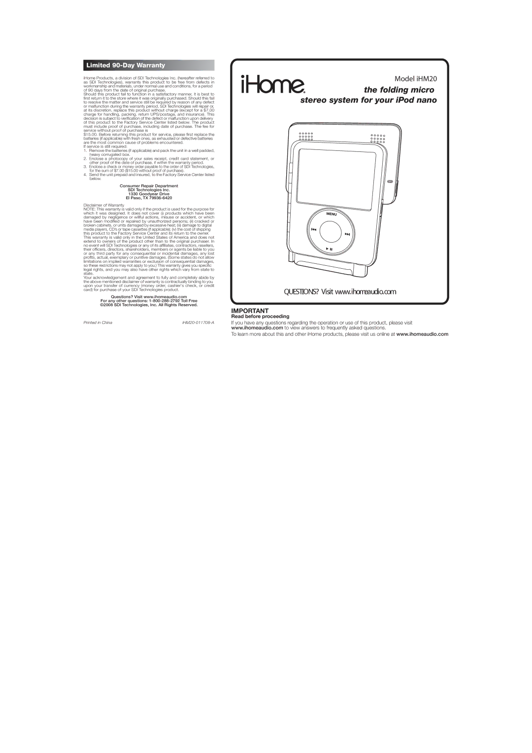 iHome IHM20 warranty Folding micro stereo system for your iPod nano, Model iHM20 