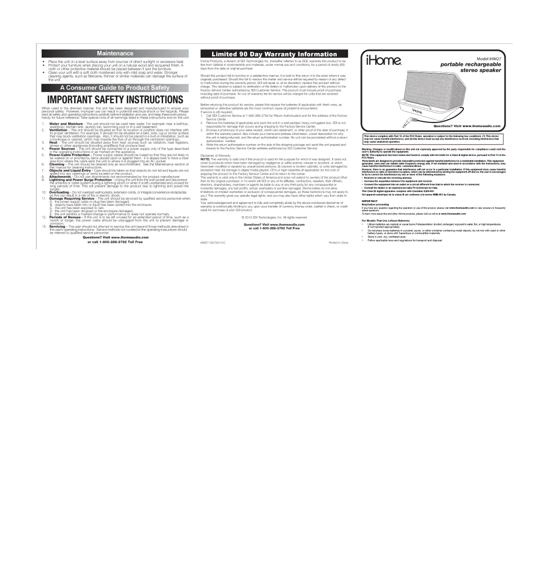 iHome IHM27BC warranty Maintenance, Consumer Guide to Product Safety, Limited 90 Day Warranty Information 