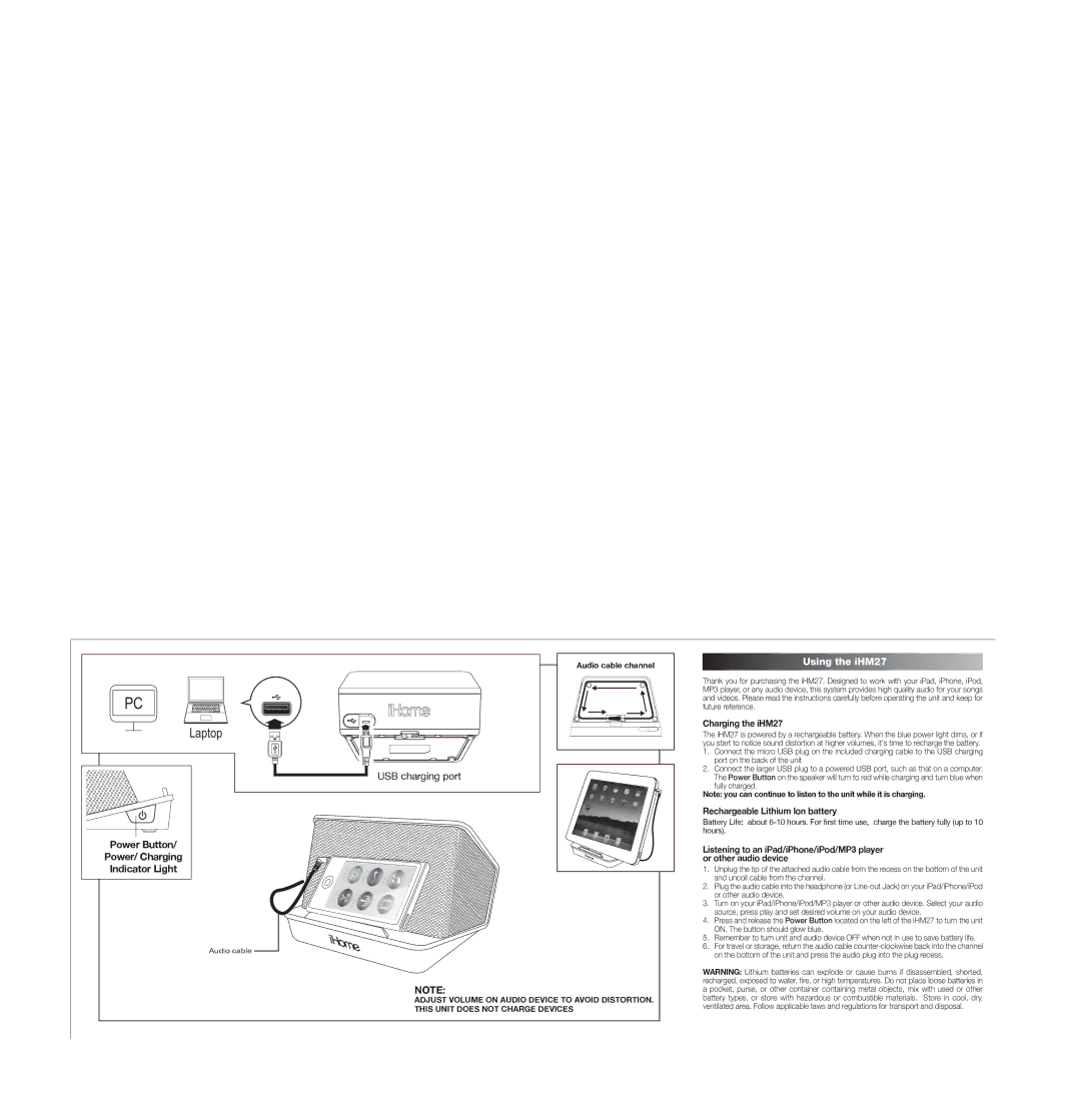 iHome IHM27BC warranty Laptop, Using the iHM27, Charging the iHM27, Rechargeable Lithium lon battery 