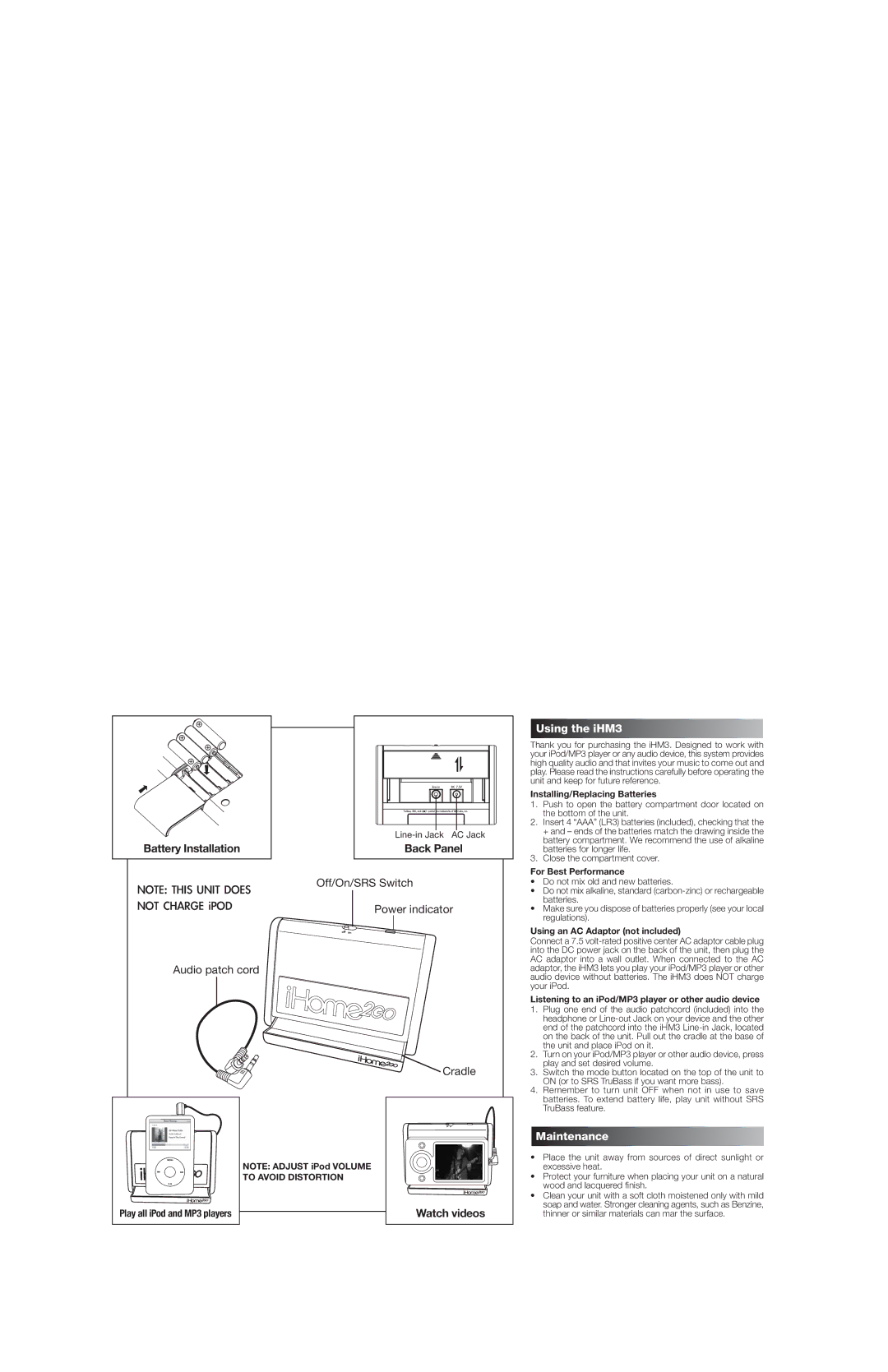 iHome iHM3 warranty 56,! /0 50 +6, , 56 */9., P76+, Off/On/SRS Switch, Power indicator, Audio patch cord Cradle 