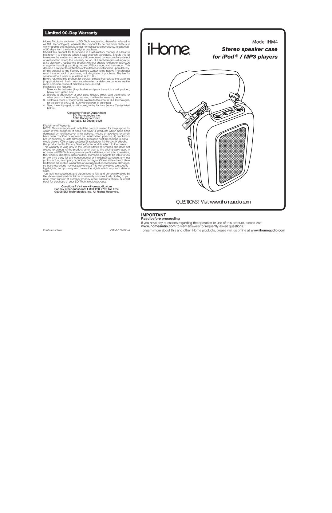 iHome iHM4 IB warranty Stereo speaker case for iPod / MP3 players, Limited 90-Day Warranty, Read before proceeding 