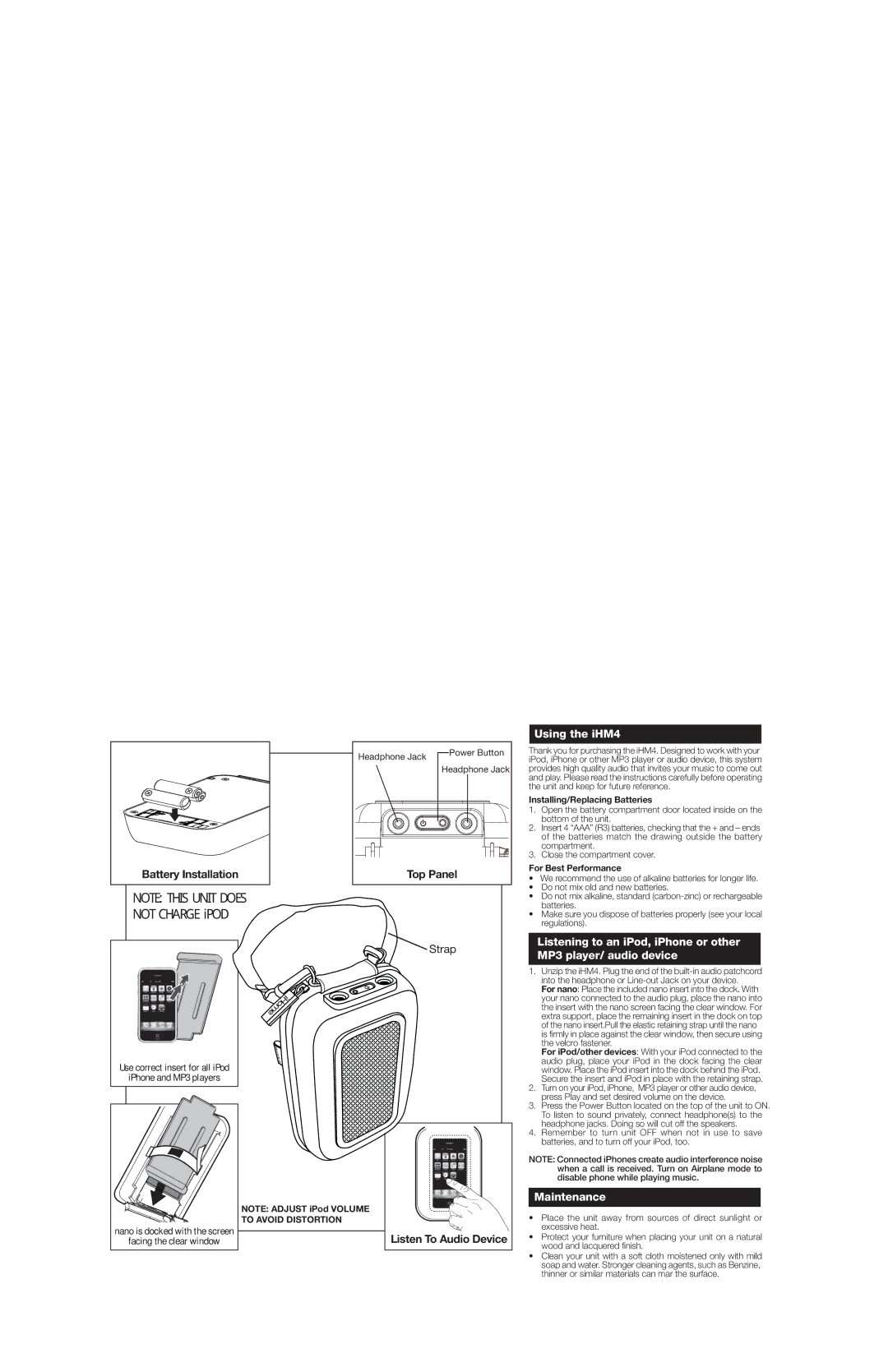 iHome iHM4 IB warranty Not Charge iPOD, Battery Installation Top Panel, Strap, Using the iHM4, Maintenance 