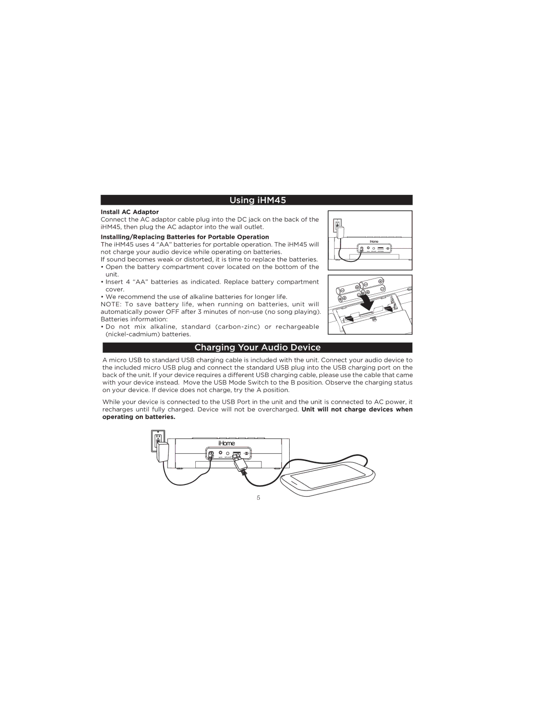 iHome iHM45 - ENGLISH Using iHM45, Charging Your Audio Device, Install AC Adaptor, Operating on batteries 