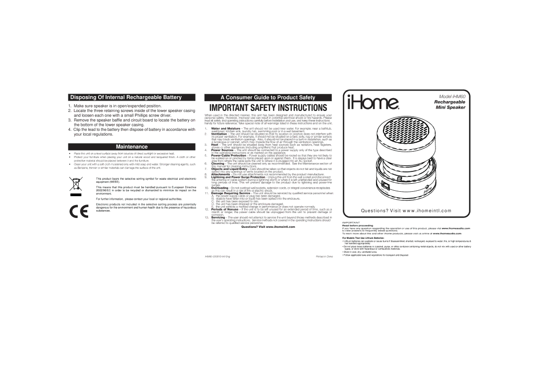 iHome IHM60PN, IHM60QN, IHM60EN operating instructions Disposing Of Internal Rechargeable Battery, Maintenance 