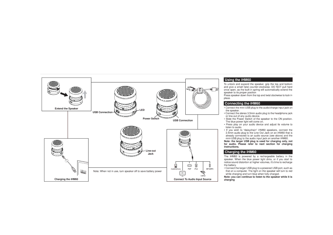 iHome IHM60EN, IHM60QN, IHM60PN operating instructions Using the iHM60, Connecting the iHM60, Charging the iHM60 