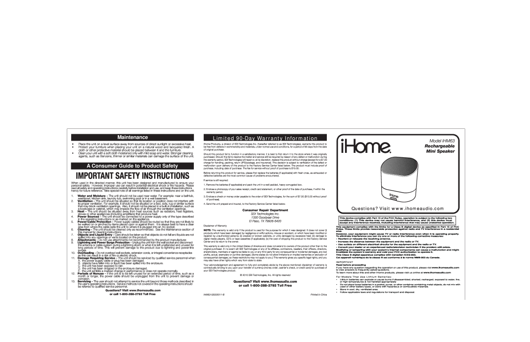 iHome IHM63 warranty Maintenance, A Consumer Guide to Product Safety, Limited 90-DayWarranty Information, Model iHM63 