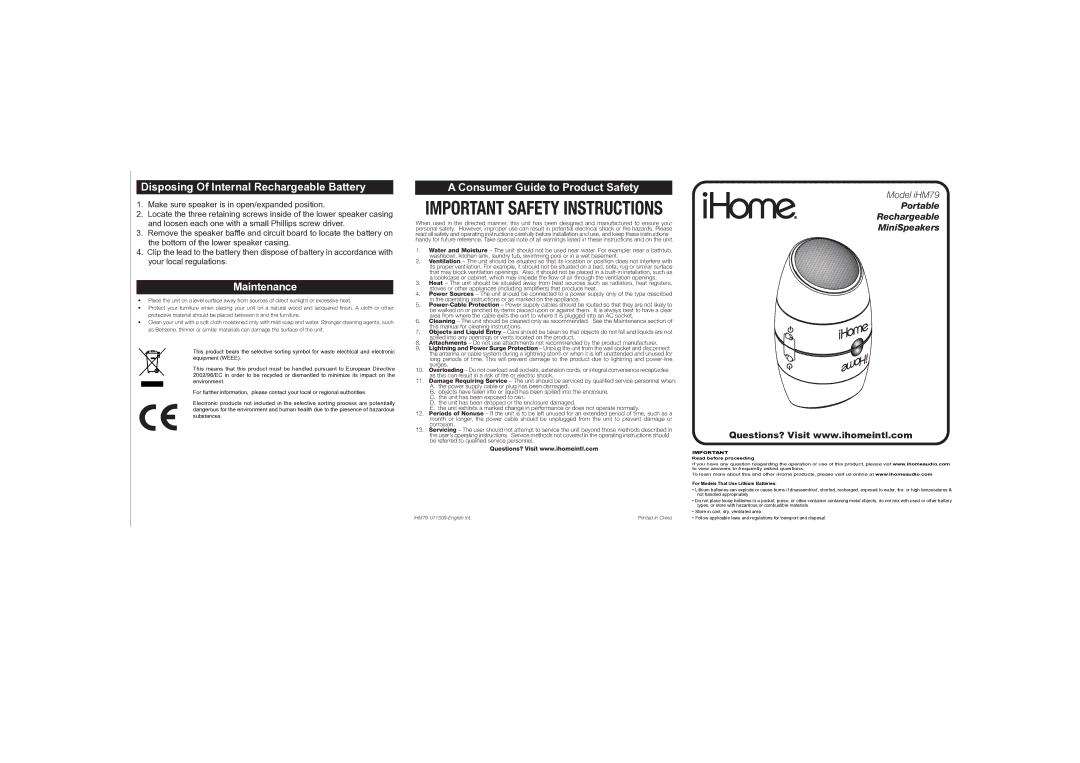 iHome IHM79 operating instructions Disposing Of Internal Rechargeable Battery, Maintenance 