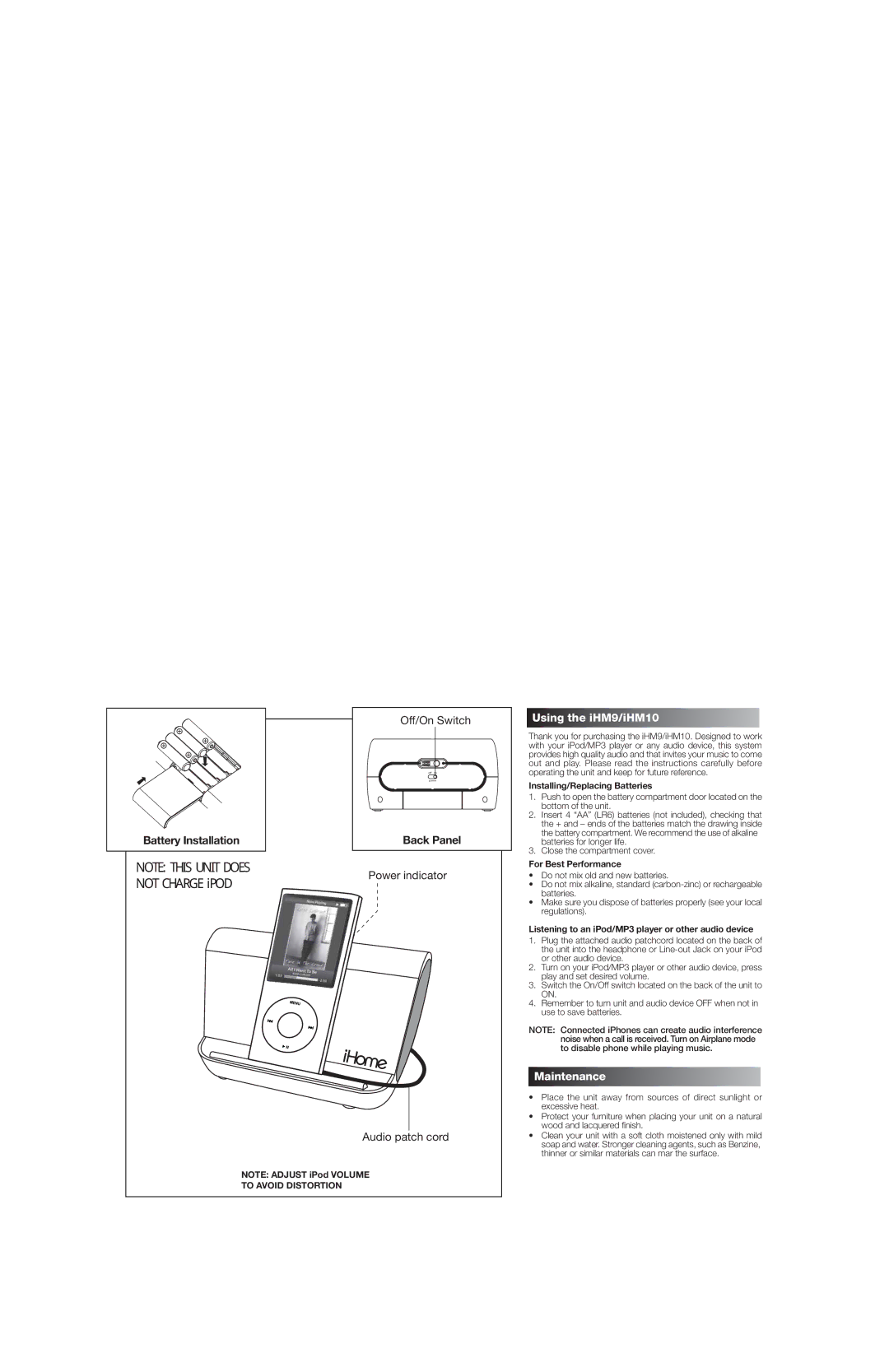 iHome iHM9, iHM10 warranty Off/On Switch, Not Charge iPOD Power indicator Audio patch cord, To Avoid Distortion 