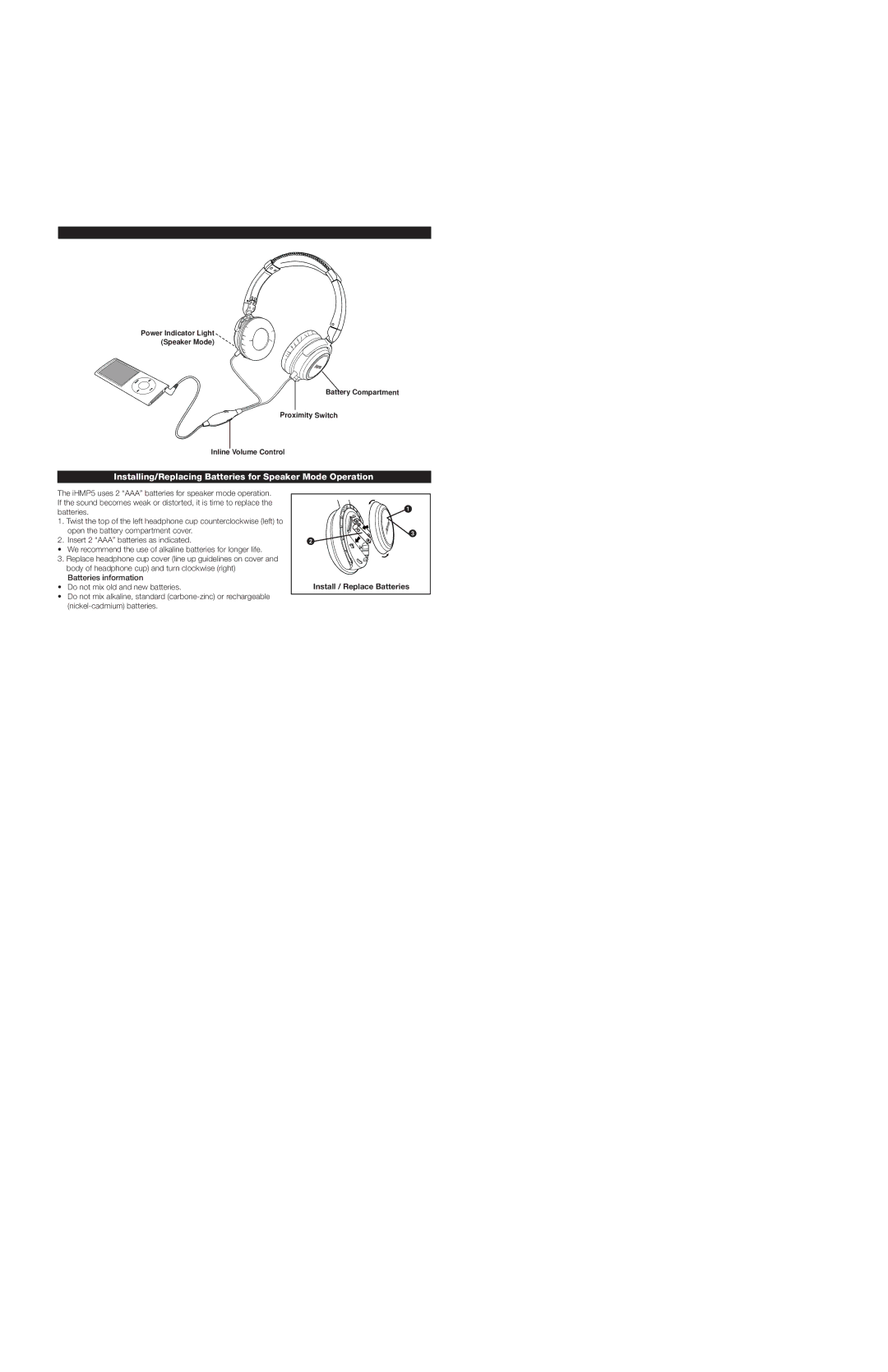 iHome iHMP5 warranty Installing/Replacing Batteries for Speaker Mode Operation 