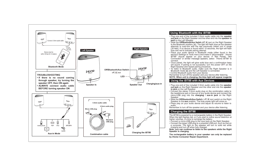 iHome ihome warranty Using Bluetooth with the iBT88, Using the iBT88 with Aux Devices, Charging the iBT88 